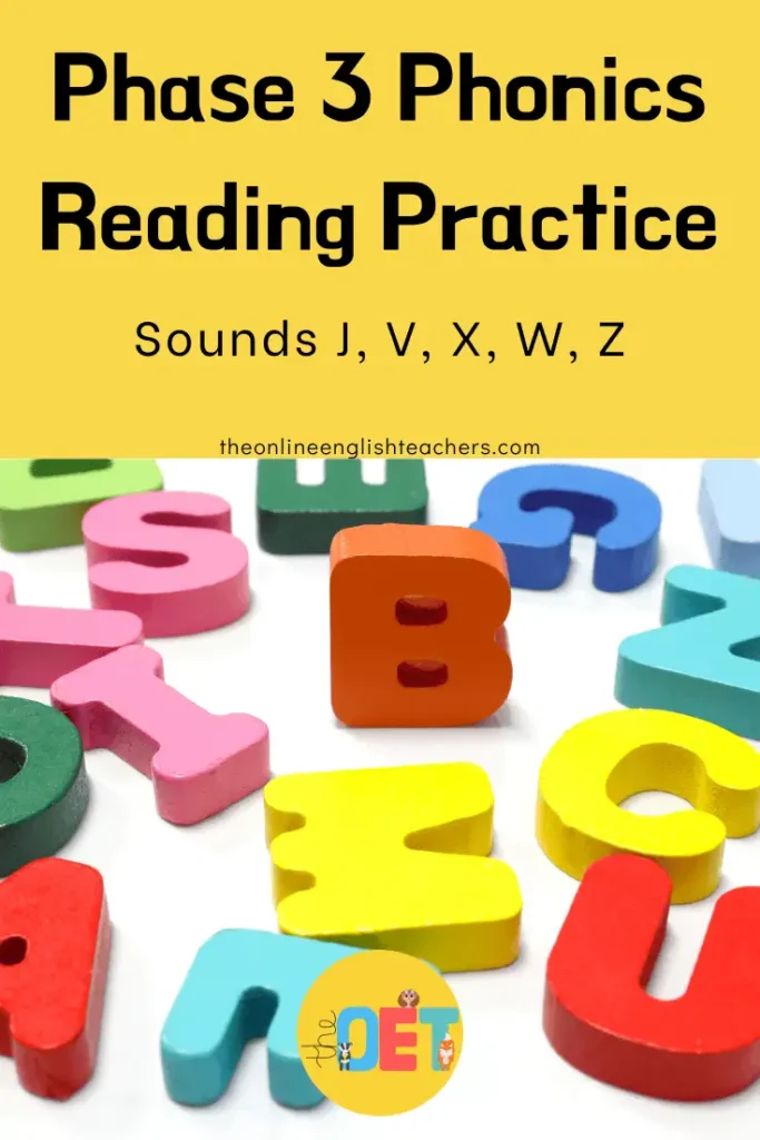 Text reads "Phase 3 phonics reading practice sounds j, v, x, w, z with a photo of letter blocks underneath.