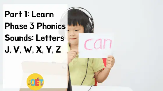 Text reads "part 1 Learn phase 3 phonics sounds letters j, v, w, x, y,z" with a photo of a boy in an online class holding up a piece of paper with the word can.