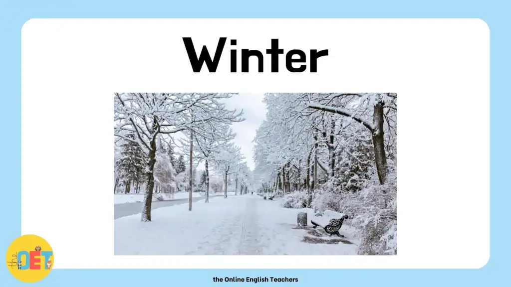 Text "winter" with a photo of a winter street, covered in snow, lined with trees and park benches.