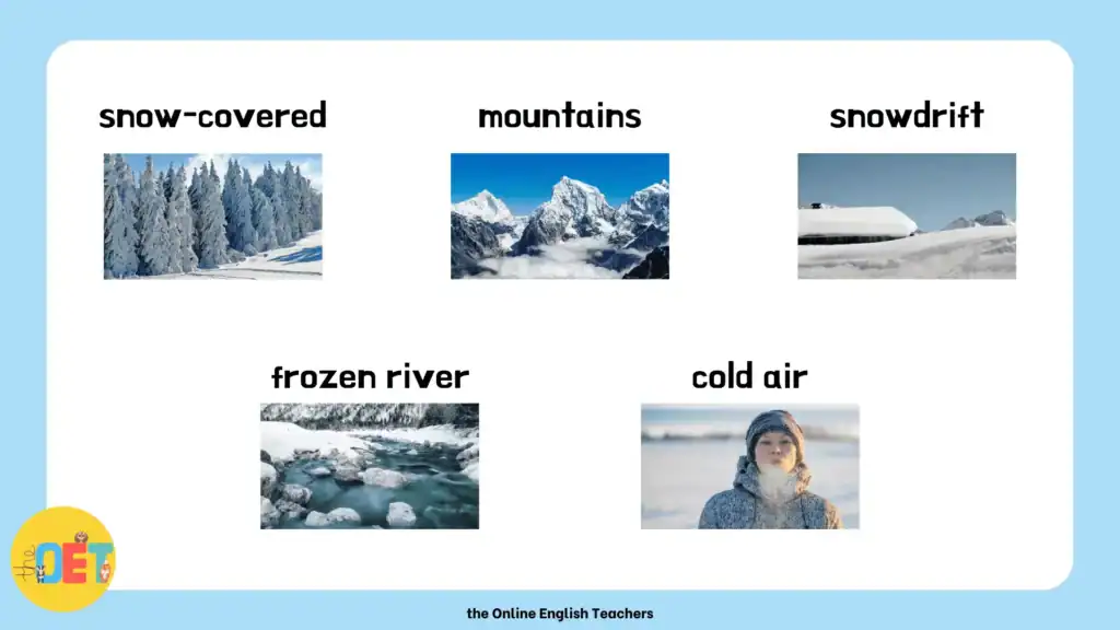 5 winter vocabulary words - snow covered, mountains, snow drift, frozen river, and cold air, each with a small photo underneath of each item.