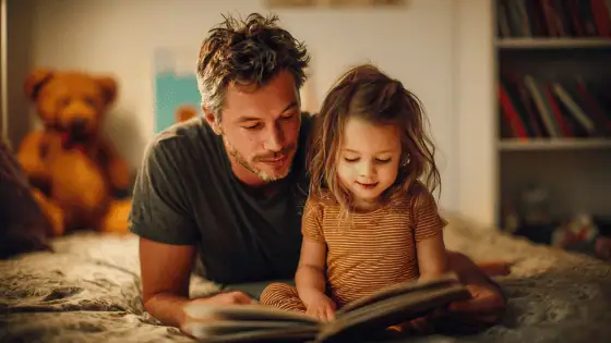 a father and daughter reading a book together