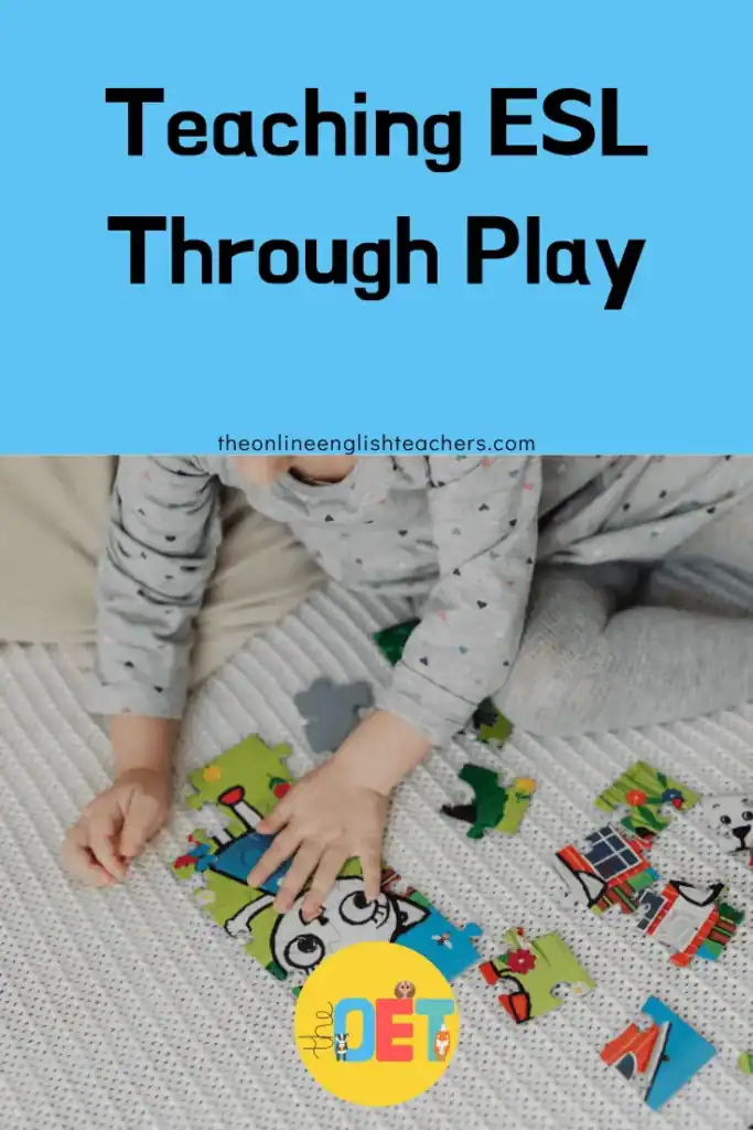 Text reads "Teaching ESL Through Play Research-Backed Strategies for Families" with an image of a child building a colourful jigsaw.