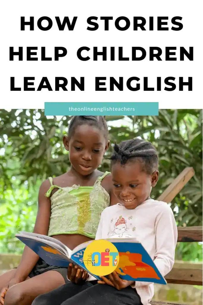 Text reads "How stories help children learn English" with a photo of two children looking at a picture book.