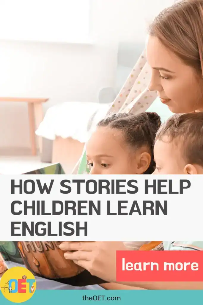 Text reads "how stories help children learn English" with a picture of a mother sat with her two children reading a picture book.