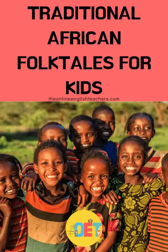 Text Reads "traditional African folktales for kids" with a photo of African children smiling at the camera.