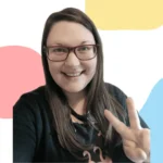 A photo of Catherine Wilkinson, the owner of theOET, with coloured circles in the background of red, yellow, and blue.