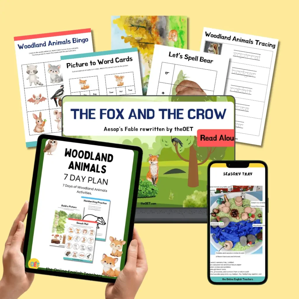 An Image showing the Playful Learning Library with kids printables, woodland animals 7 day plan, sensory tray, and the fox and the crow read aloud